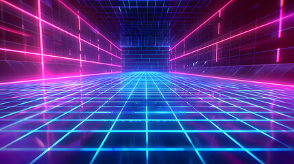 A neon-lit tunnel with a grid-patterned floor, vibrant colors, and undulating waves, evoking a futuristic and dynamic ambiance
