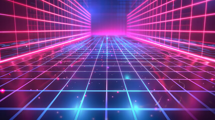 A neon-lit tunnel with a grid-patterned floor, extending into a bright, colorful horizon, creating a sense of depth and perspective