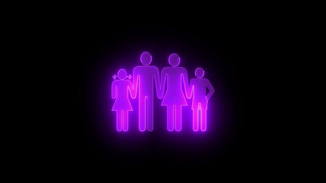 Family icon glowing neon purple color animation black background