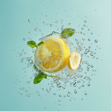 Fresh ripe lemons with mint in sparkling water