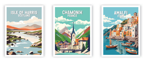 Isle of Harris, Chamonix, Amalfi Illustration Art. Travel Poster Wall Art. Minimalist Vector art