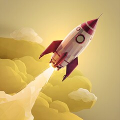 Rocket taking off, low poly clouds on a soft yellow background. Success concept