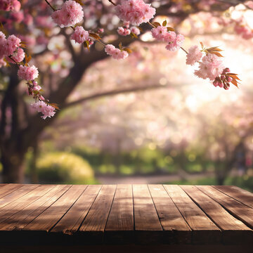 Wooden empty background against the backdrop of a flowering branch in spring.