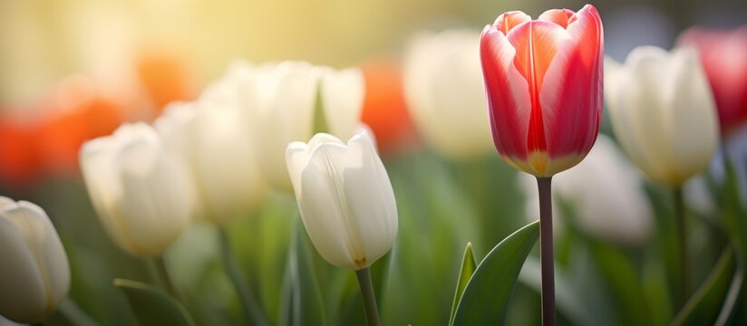 A red and white tulip stands out among a field of white tulips, showcasing its vibrant petals against the natural landscape of grass and flowers
