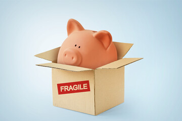 Piggy bank in cardboard box with the word Fragile - Concept of savings, money protection and financial security