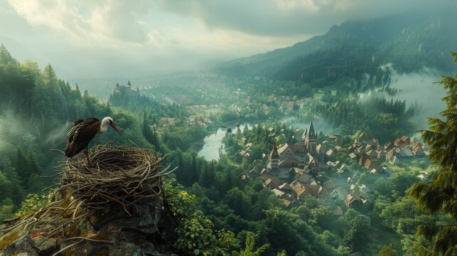 Stork in a nest on a rocky outcrop with a misty village and forest in the valley