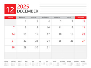 December 2025 year, Calendar planner 2025 and Set of 12 Months,  week start on Sunday. Desk calendar 2025 design, simple and clean design, Wall calendar, Corporate design planner template vector