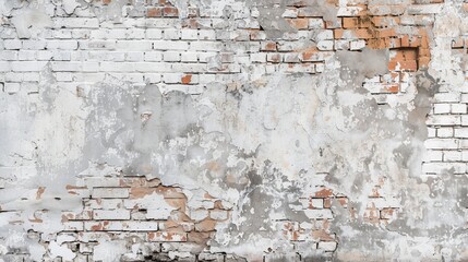 An abstract and weathered texture, combining light gray stucco with aged paint on a brick wall, suitable for rustic room backgrounds