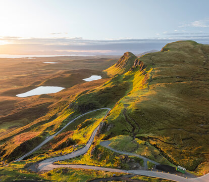 Aerial view of the Quiraing, Portree, Scotland, United Kingdom.