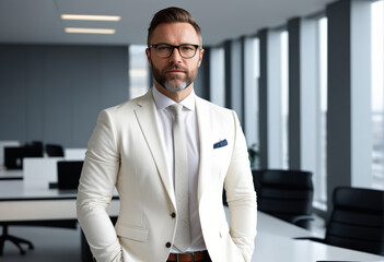 Fototapeta premium Confident businessman in a white suit standing in a modern office, portraying corporate success and professionalism, ideal for business and entrepreneurial concepts