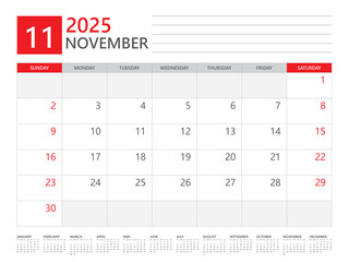 November 2025 year, Calendar planner 2025 and Set of 12 Months,  week start on Sunday. Desk calendar 2025 design, simple and clean design, Wall calendar, Corporate design planner template vector