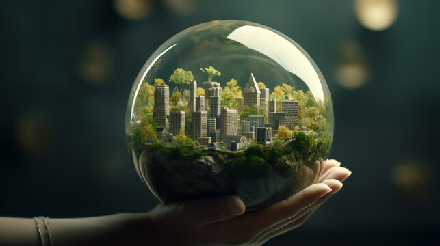 Close-up of hands holding a glass sphere with a city, earth inside.