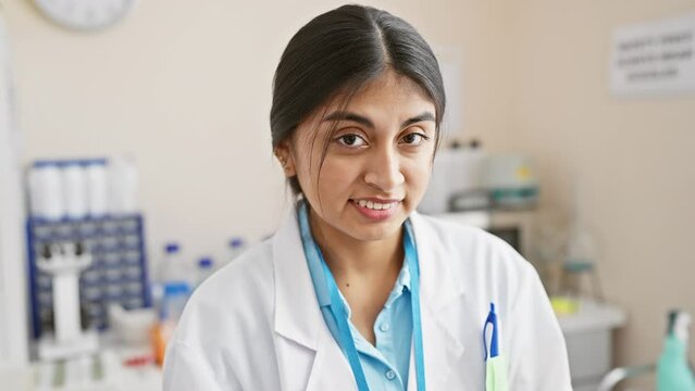 Cheerful young indian woman, her long hair neatly tucked behind, winking with a sexy expression at the camera, her happy face radiating joy as she works in a lab, labcoat playfully swirling