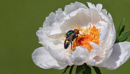 a summer blooming flower of a white treelike peony with an orange center and a purple center with a bud and a fly collecting nectar on a green background - Powered by Adobe