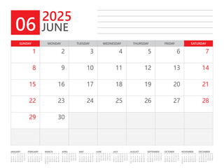 June 2025 year, Calendar planner 2025 and Set of 12 Months,  week start on Sunday. Desk calendar 2025 design, simple and clean design, Wall calendar, Corporate design planner template vector