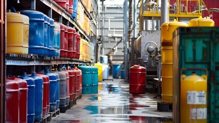 An industrial safety inspection of chemical storage areas, focusing on hazardous material management - obrazy, fototapety, plakaty