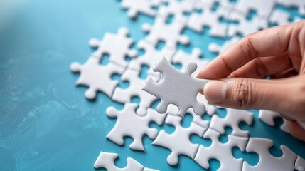 A hand holds a single white jigsaw puzzle piece representing concepts of completion, solution, and achievement.