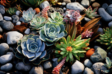 Many beautiful succulent plants as background, top view. Banner design.