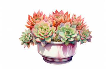 Succulents in a pot on a white background, watercolor image
