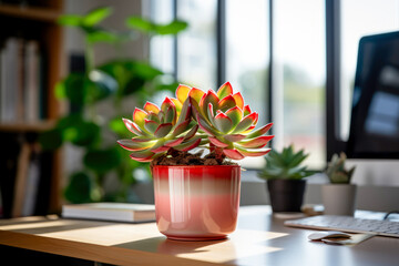Succulent flower near the computer, on a sunny desktop day, close up.