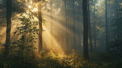 The serene beauty of a misty forest at dawn with rays of sunlight piercing through the trees.