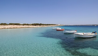 Fototapeta na wymiar Boats moored on the coast of Ses Illetes beach in Formentera, Balearic Islands in Spain