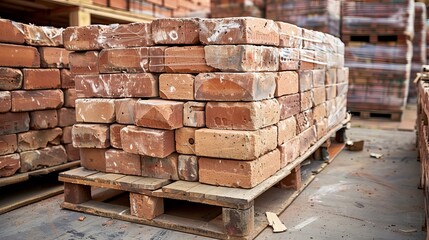 Freshly made red bricks, packaged and palletized, ready for construction use, stored at an outdoor warehouse - obrazy, fototapety, plakaty