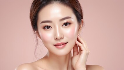 Beautiful women taking care of her skin , with copy space on clean solid pastel background, cosmetics advertisement concept