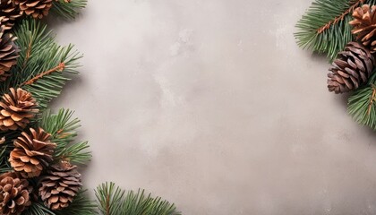 Christmas and Happy New Year background. Pine cones top view, copy space