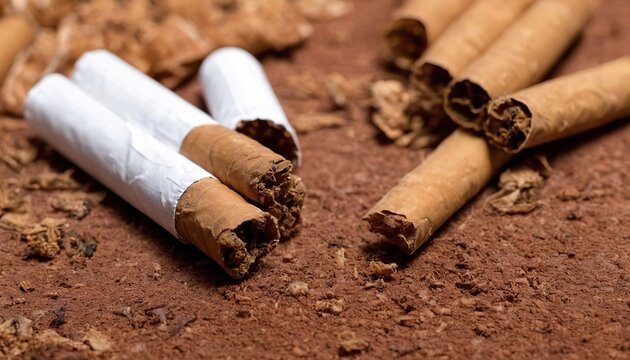 Cigarettes close-up on a background of dry tobacco. dying of cancer due to the use of tobacco and tobacco products