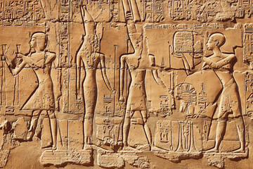 Egyptian ancient hieroglyphs. Reliefs of Egyptian gods and pharaoh. Popular Egyptian landmarks. Ancient Egypt