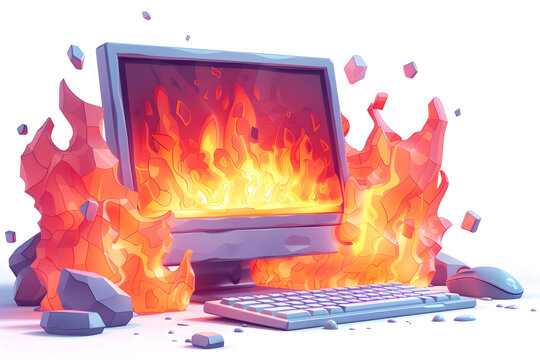 A 3D animated cartoon render of a computer screen secured with a firewall protection.