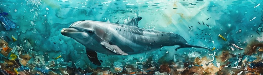 Watercolor of a dolphin amidst underwater garbage, close up on the crisis, space for awareness
