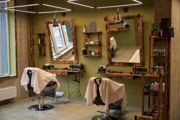 Barbershop workplace stylish hairdressing salon interior