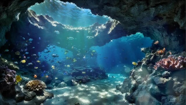 coral reef in ocean, background, 4k, animation video, Seamless looping, footage, generative, ai