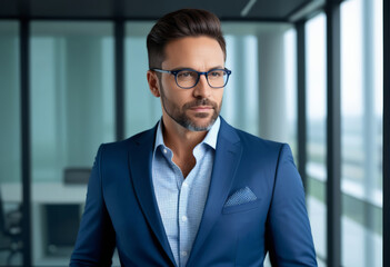 Fototapeta premium Confident Caucasian businessman in a stylish blue suit and glasses standing in a modern office setting, ideal for corporate and professional themes