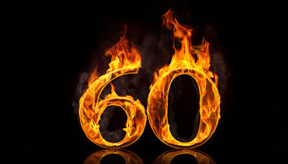 Number 60 made of fire flame on black background. Hot orange blaze. 3D rendering.