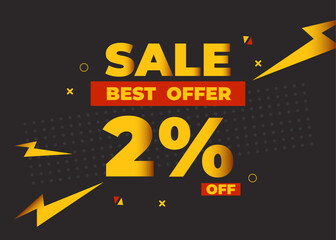 2% off sale best offer. Sale banner with two percent of discount, coupon or voucher vector illustration. Yellow and red template for campaign or promotion.