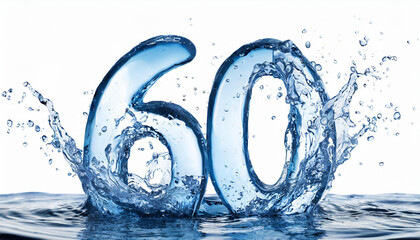 Number 60 made of water with splashes on white background. Blue liquid figure. 3D rendering.