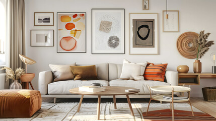 Modern living room design with gallery wall. Fresh clean light contemporary room interior.