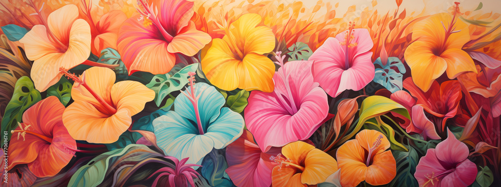 Poster Artistic Representation of Tropical Hibiscus Flowers in Warm Tones