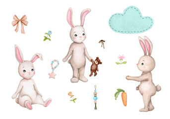 Set of cute baby bunnies and children's toys. Children's watercolor illustration. Birthday, baby shower, children's party. Design elements for cards, posters, banners, logo, invitations, packaging.