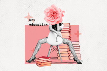 Composite photo collage of legs instead head rose sex education passion sensual book stack teacher...