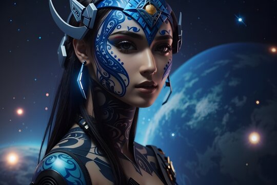 Beautiful alien queen with big army attacking enemy planet, Fantasy concept , Illustration non existing character, Generative AI