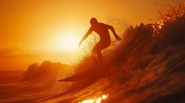 Golden-hour surfing, a captivating scene of a surfer amidst the sunlit crest of a wave, perfect for adventure and sports themes. - Powered by Adobe