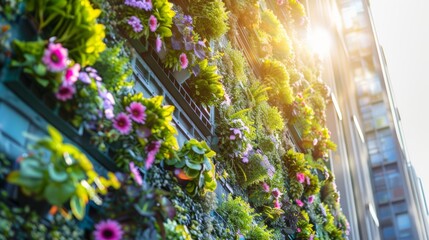 Sunset bathes a lush urban vertical garden in a warm glow, highlighting sustainable living in a cityscape.