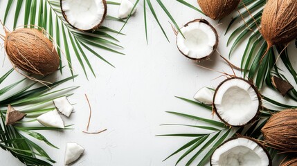 Fototapeta na wymiar Fresh coconuts and tropical palm leaves frame a clean white background, perfect for wellness themes, organic product layouts, or spa marketing materials.