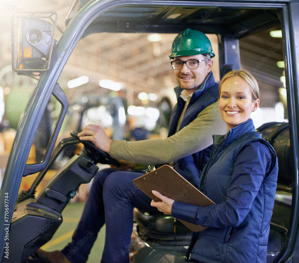Poster portrait, warehouse and smile workers with forklift on site, loading on dock with industrial moving 