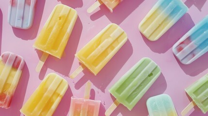 An overhead shot of assorted fruit ice pops in soft tones of yellow, pink, green, blue, and purple, suggesting a cool treat on a hot day for a lifestyle blog.