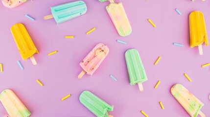 An overhead shot of assorted fruit ice pops in soft tones of yellow, pink, green, blue, and purple, suggesting a cool treat on a hot day for a lifestyle blog.